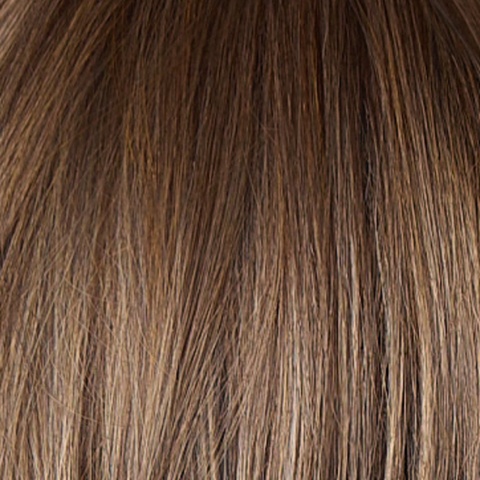A chic blend of dark brown, medium brown, and ash blond highlights. Deep brown root for a modern, on-trend look.                     
