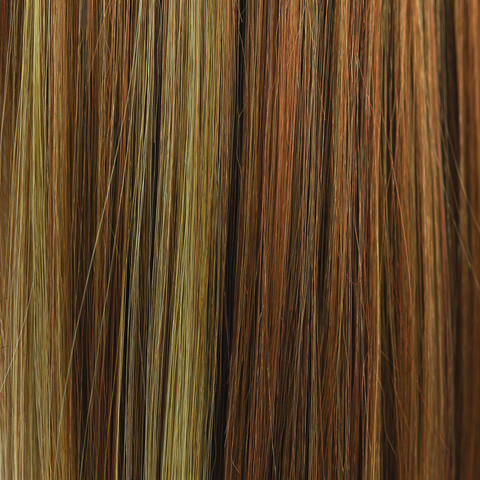 Ginger Snap  -  A highlighted and low-lighted color that has a rich coppery gold brown base, with many contrasting weaves of amber blond, cool coppers and ginger and pine undertones. A color which we adore!