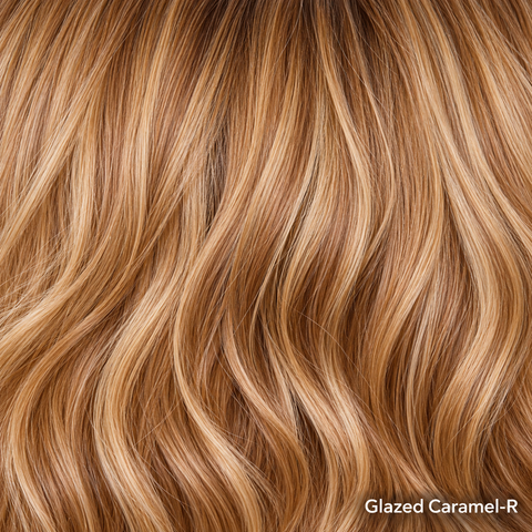 Glazed Caramel-R - Rich warm brown and dark blonde tones are paired with naturally placed ashy highlights, creating beautiful dimension and movement. Dark root adds depth for a polished, salon-fresh finish with a modern edge.