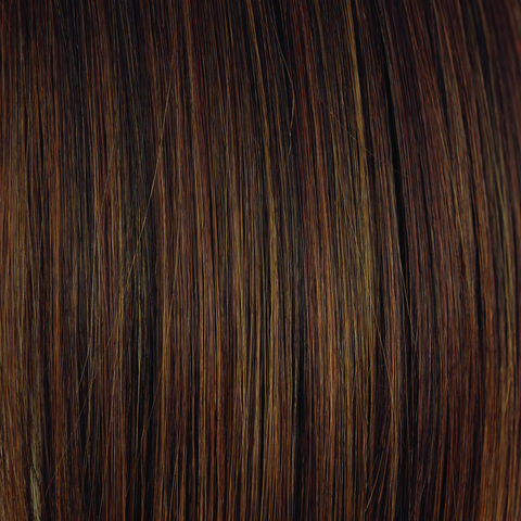 Rum Raisin  -  A blend of deep, dark, garnet brown base with an array of ribbon highlights, medium hazel blonds, and medium mahogany red browns.