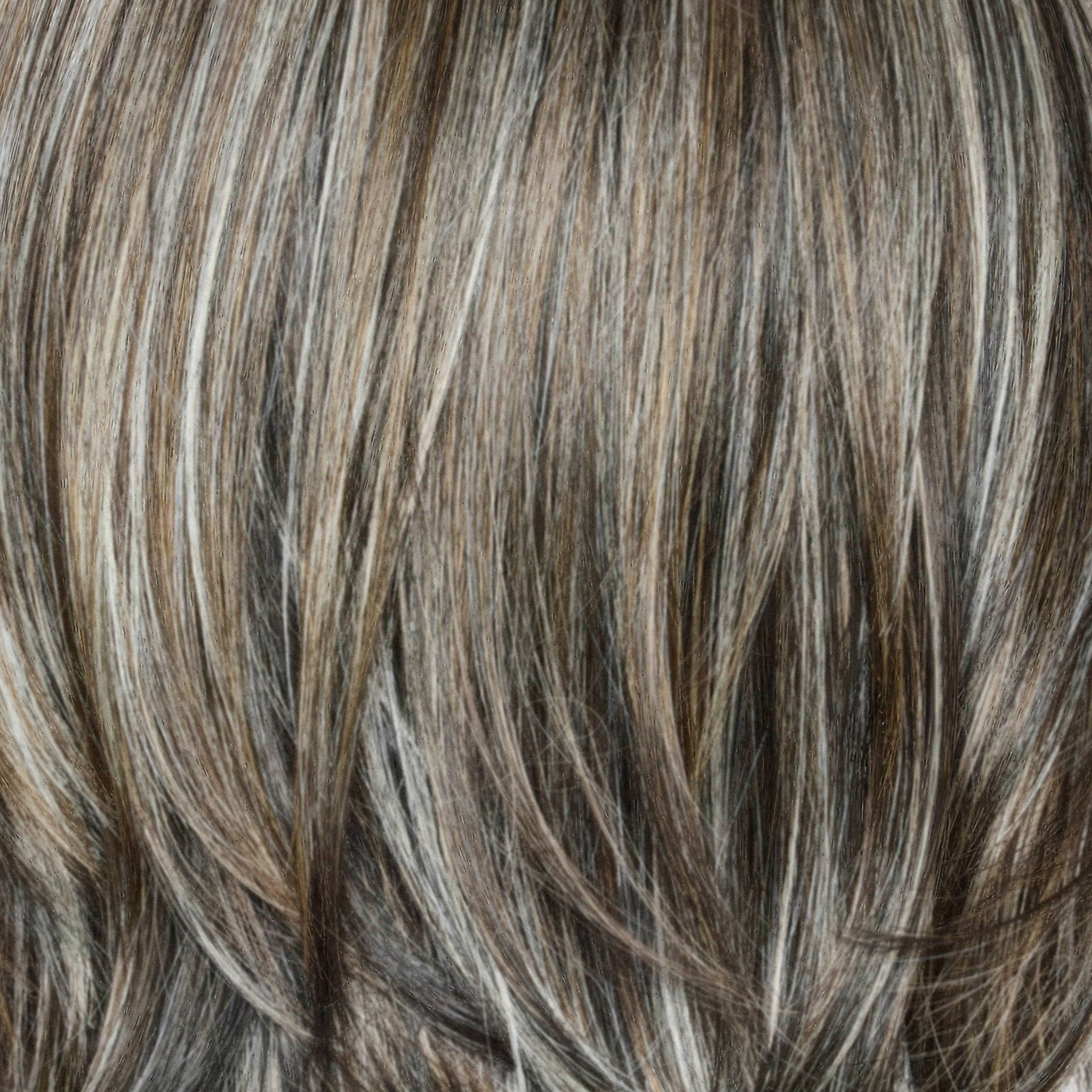 Truffle Ribbon-R  -  Off-black base with warm medium brown and silver highlights. The dark brown root creates a naturally dimensional appearance.